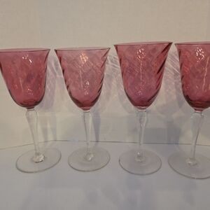 Set of 4 Handblown Cranberry Wine Glasses w/Optic Swirl Design & Clear Stems